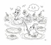 Rodzina kaczek pływająca w stawie z liliami wodnymi, kolorowanka dla dzieci, czarne kontury, białe tło.