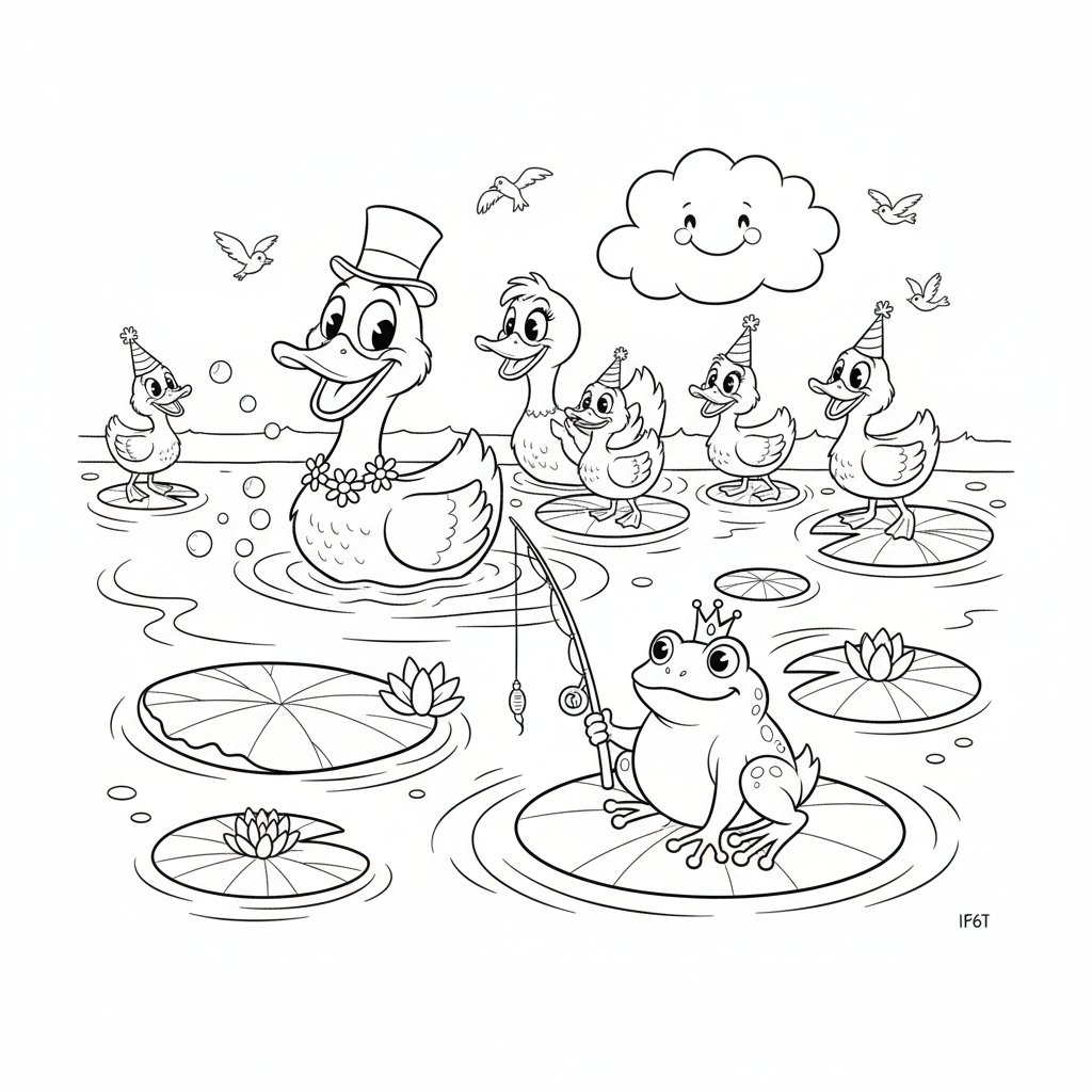 Rodzina kaczek pływająca w stawie z liliami wodnymi, kolorowanka dla dzieci, czarne kontury, białe tło.