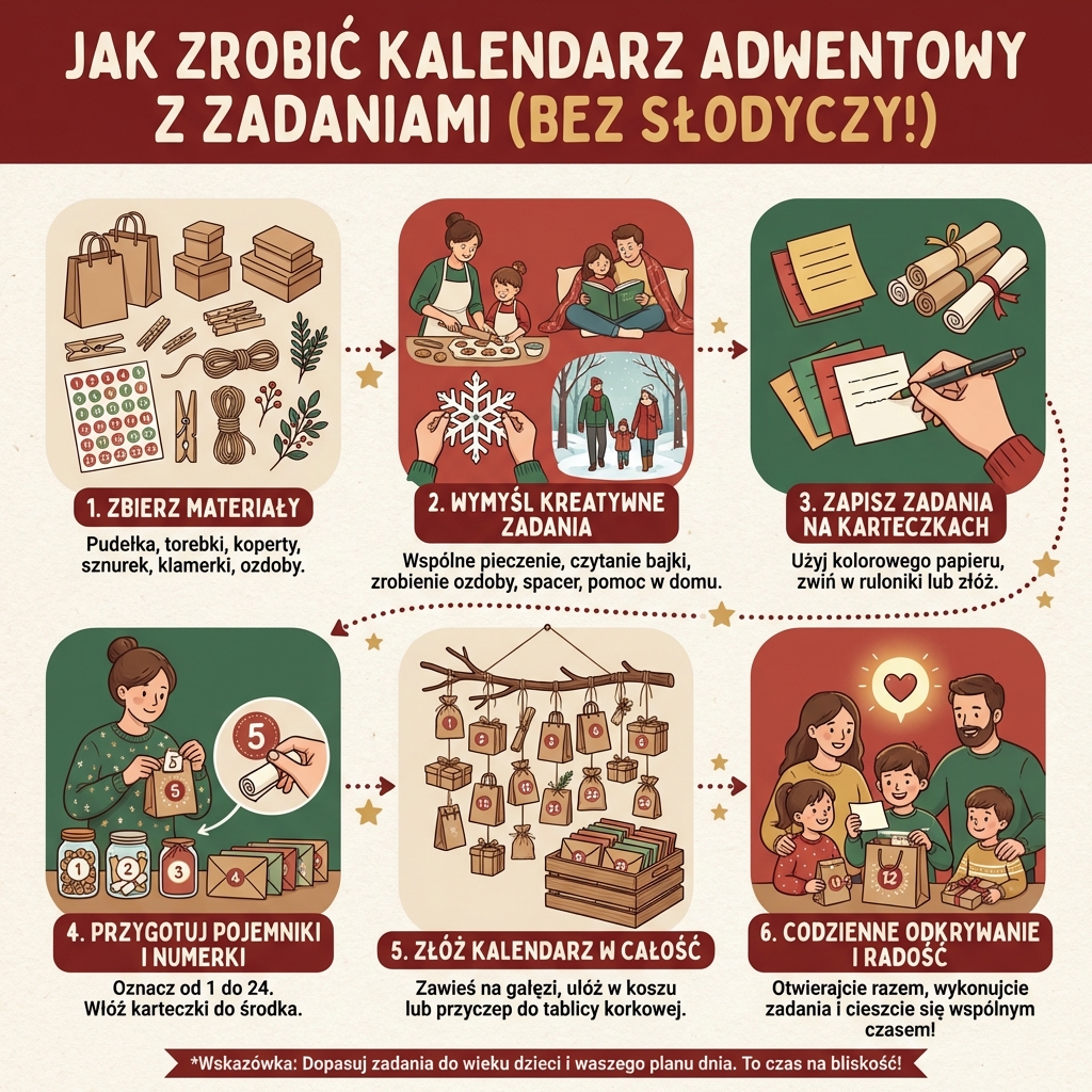 Infografika przedstawiająca kreatywny poradnik krok po kroku, jak zrobić kalendarz adwentowy dla dzieci z zadaniami zami...