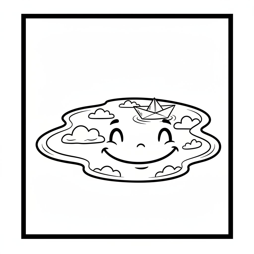 Uśmiechnięta kałuża odbijająca wiosenne chmury, z małą papierową łódką, kolorowanka dla dzieci, czarne kontury,...