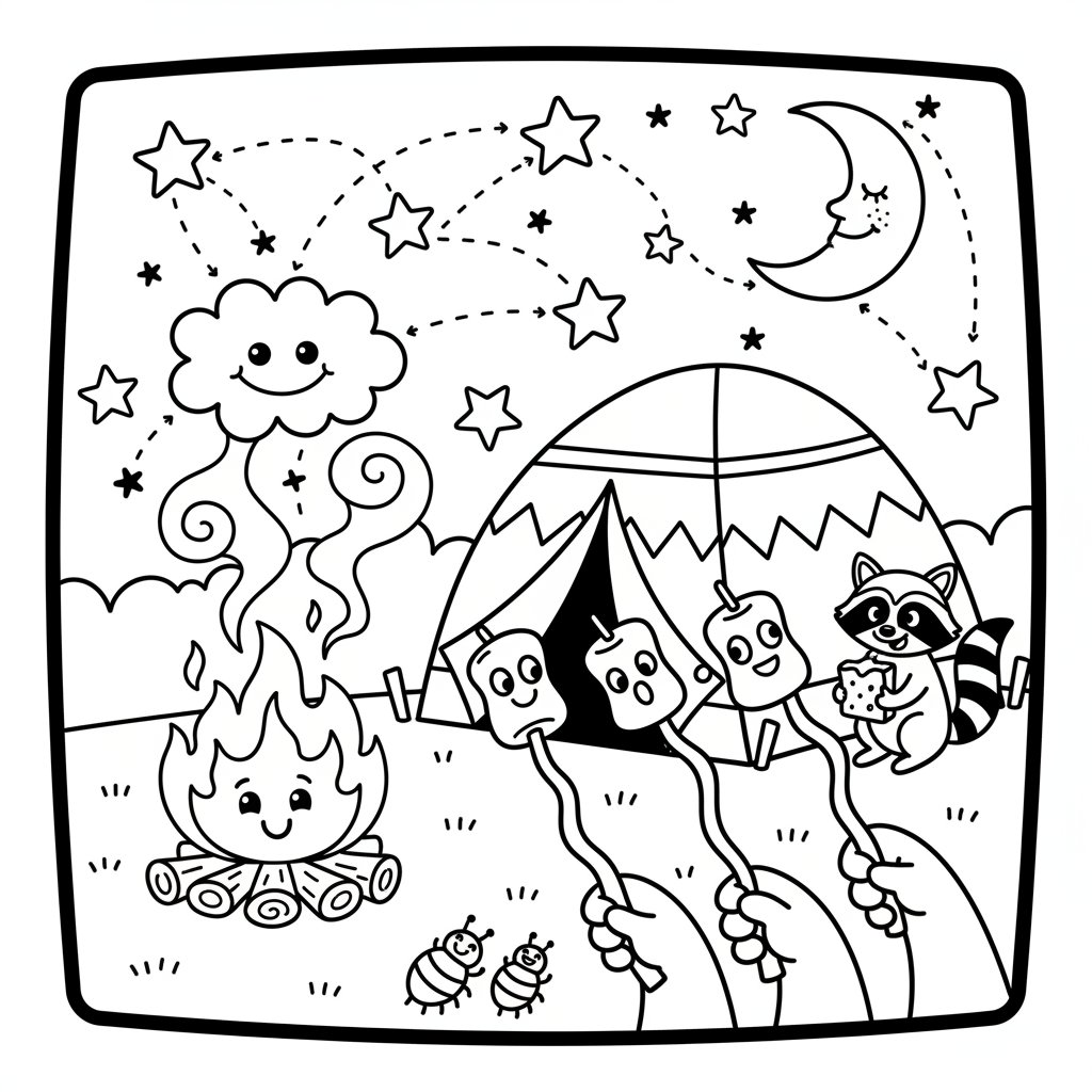 Kemping z namiotem, ogniskiem i piankami na patykach, pod gwieździstym niebem, kolorowanka dla dzieci, czarne kontury, bi...