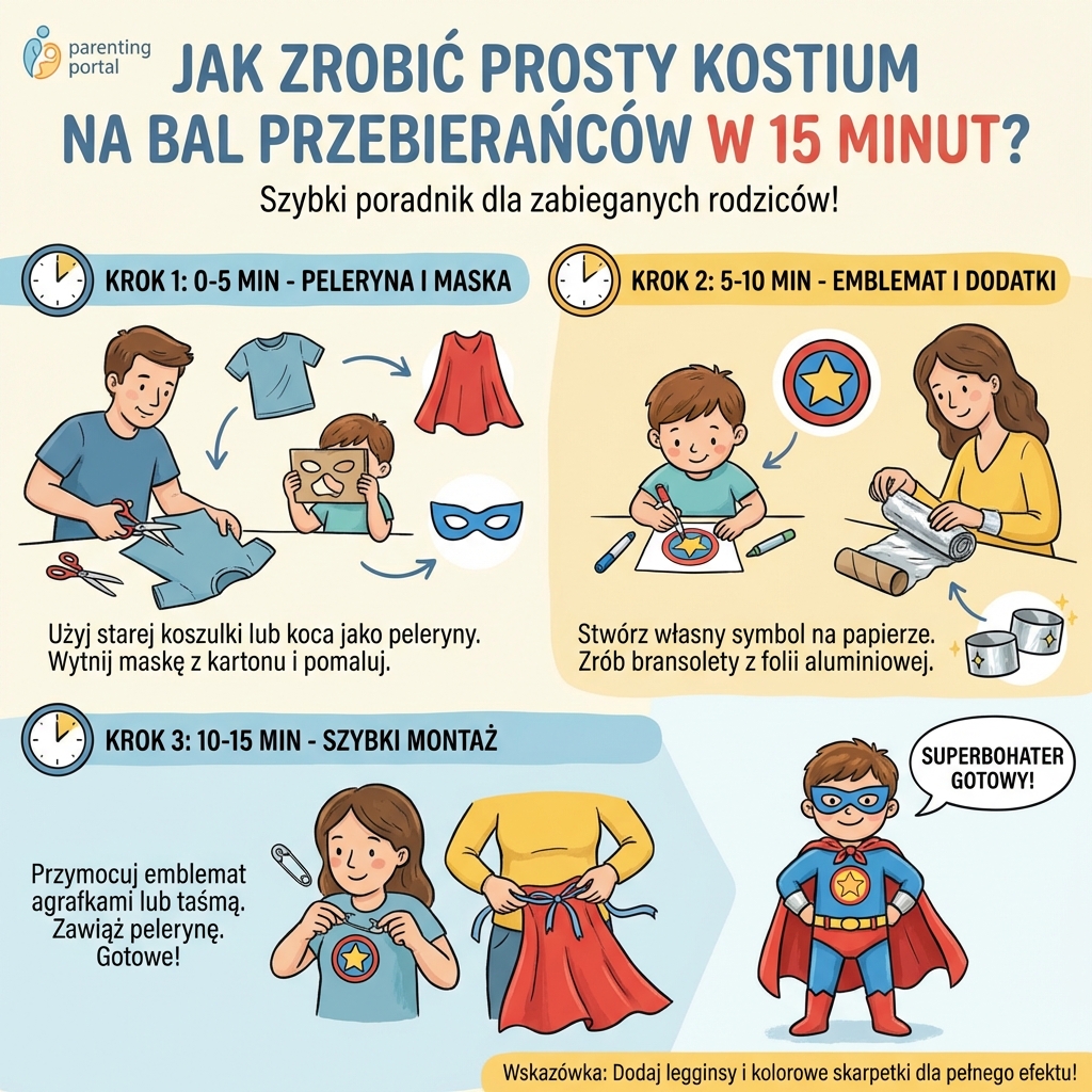 Infografika dla rodziców: Jak zrobić prosty kostium na bal przebierańców w 15 minut – szybkie porady i kreatywne ins...