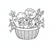 Koszyk pełen świeżo zebranych wiosennych warzyw, kolorowanka dla dzieci, czarne kontury, białe tło.