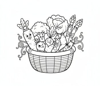 Koszyk pełen świeżo zebranych wiosennych warzyw, kolorowanka dla dzieci, czarne kontury, białe tło.
