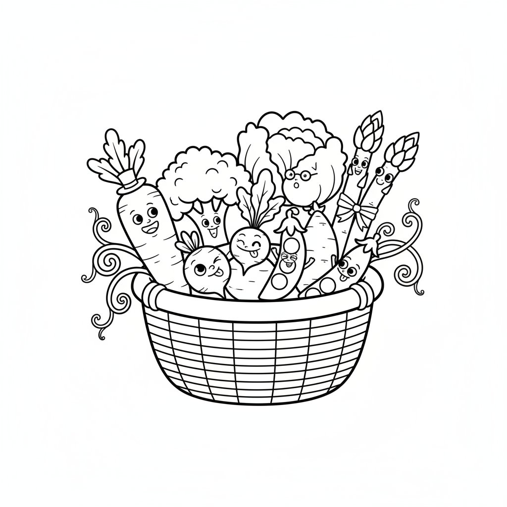 Koszyk pełen świeżo zebranych wiosennych warzyw, kolorowanka dla dzieci, czarne kontury, białe tło.