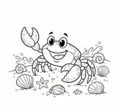 Wesoły krab przemykający po piasku z muszelkami, kolorowanka dla dzieci, czarne kontury, białe tło.