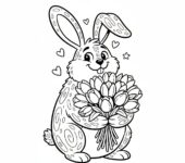 Przyjazny królik trzymający bukiet tulipanów, kolorowanka dla dzieci, czarne kontury, białe tło.