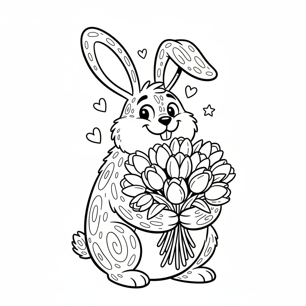 Przyjazny królik trzymający bukiet tulipanów, kolorowanka dla dzieci, czarne kontury, białe tło.