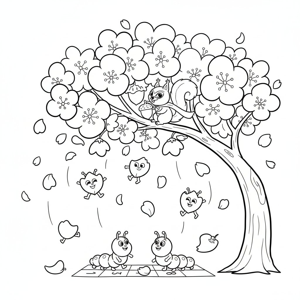 Kwitnąca wiśnia z opadającymi płatkami, kolorowanka dla dzieci, czarne kontury, białe tło.