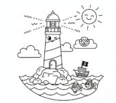 Latarnia morska stojąca wysoko nad morzem, wskazująca drogę statkom, kolorowanka dla dzieci, czarne kontury, białe tło.