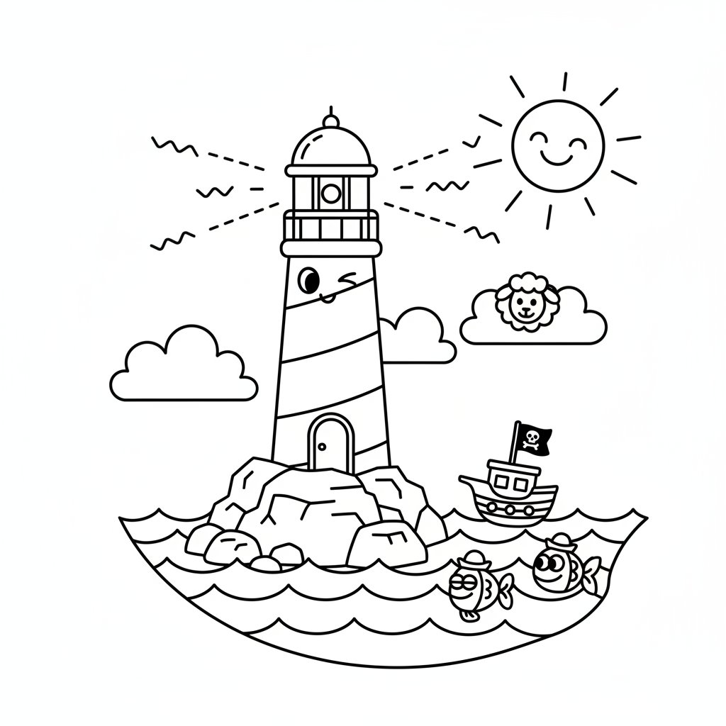 Latarnia morska stojąca wysoko nad morzem, wskazująca drogę statkom, kolorowanka dla dzieci, czarne kontury, białe tło.