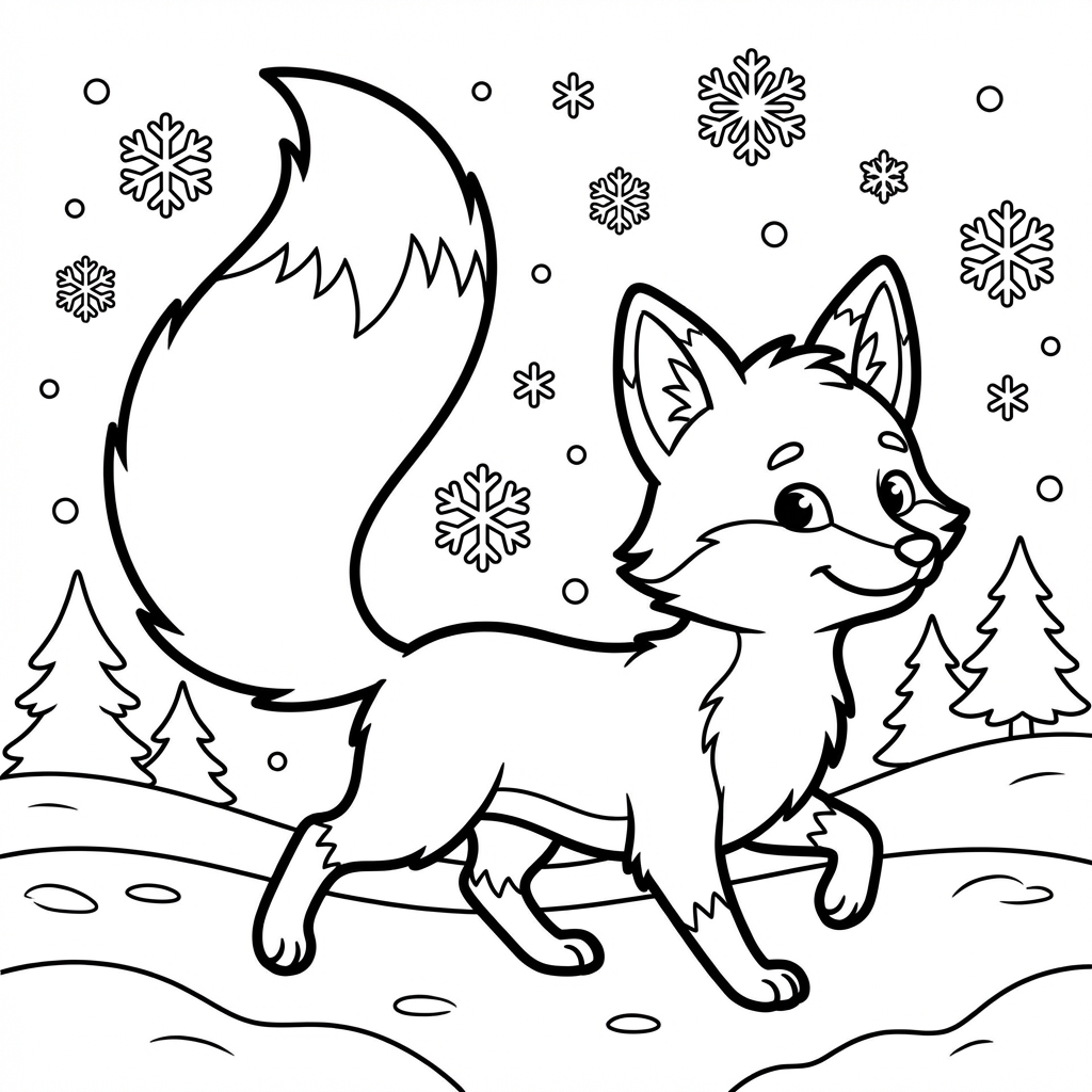Uroczy lis z puszystym ogonem, kłusujący przez ośnieżony krajobraz, kolorowanka dla dzieci, czarne kontury, białe tło.
