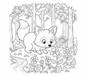 Słodki mały lisek eksplorujący nowy wiosenny las, kolorowanka dla dzieci, czarne kontury, białe tło.