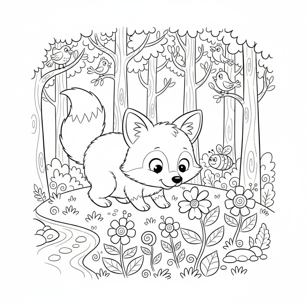 Słodki mały lisek eksplorujący nowy wiosenny las, kolorowanka dla dzieci, czarne kontury, białe tło.