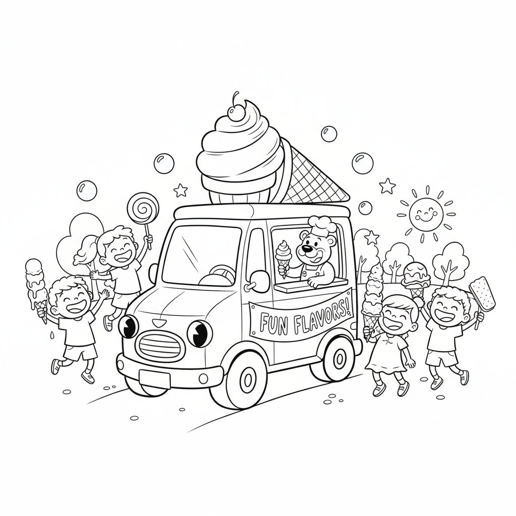 Urocza ciężarówka z lodami sprzedająca różne smaki, z wesołymi dziećmi wokół, kolorowanka dla dzieci, czarne kon...