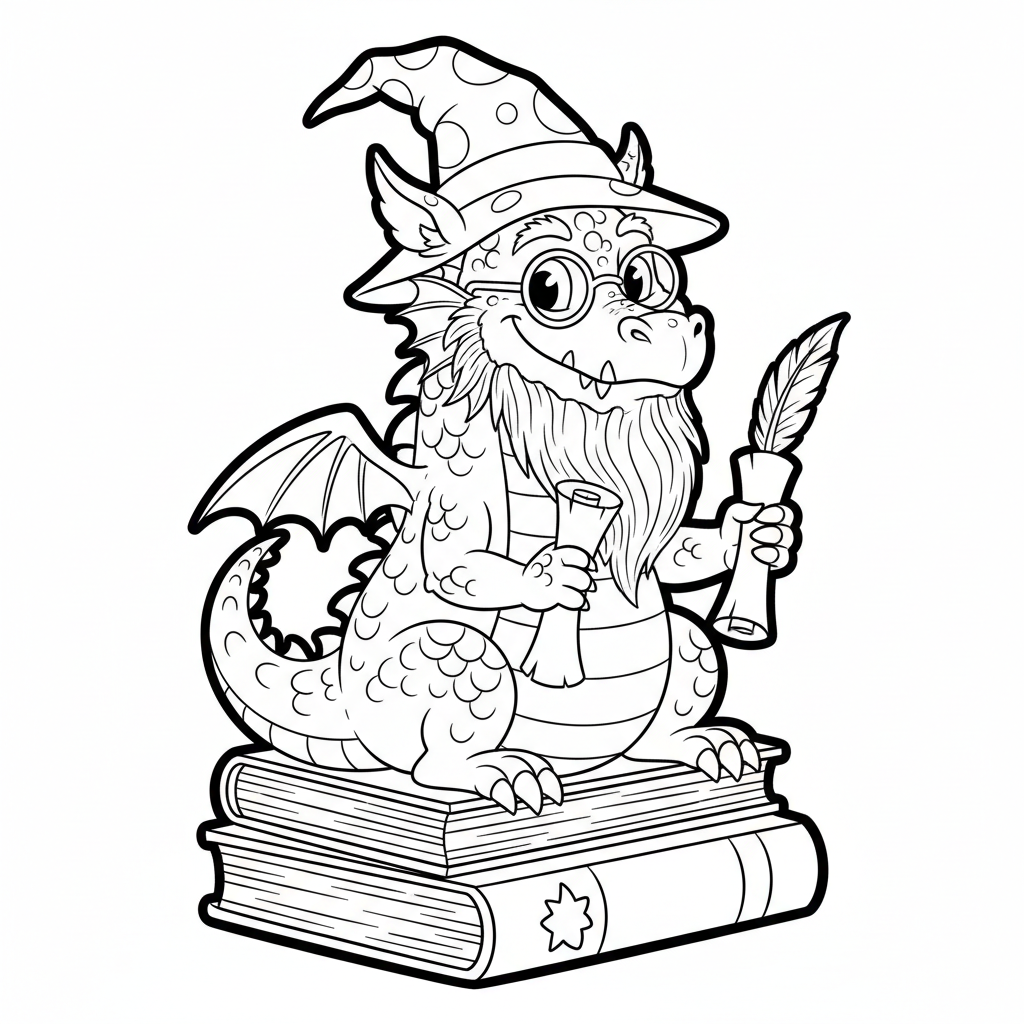 Mądry stary smok w okularach, kolorowanka dla dzieci, czarne kontury, białe tło, do druku.