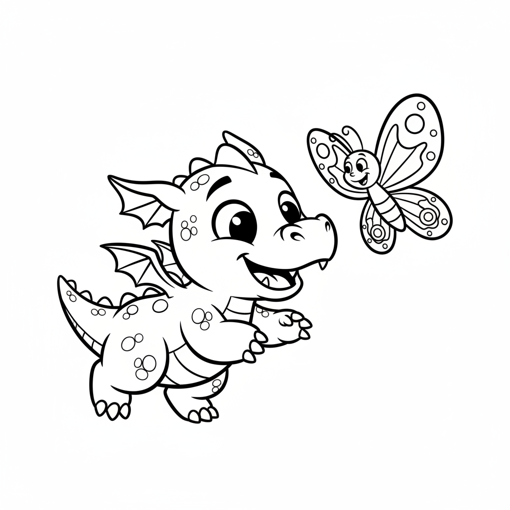 Uroczy mały smok bawiący się z motylem, kolorowanka dla dzieci, czarne kontury, białe tło, do druku.