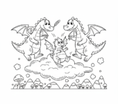 Mały smok uczący się latać z rodzicami, kolorowanka dla dzieci, czarne kontury, białe tło, do druku.