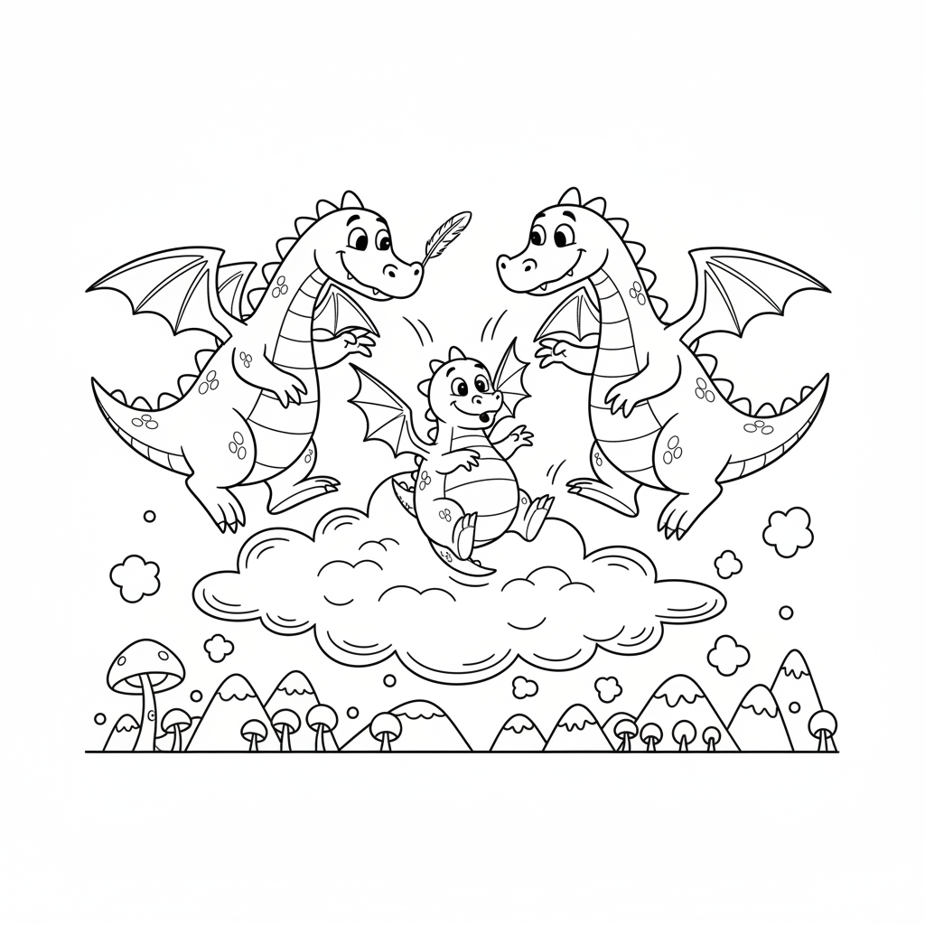Mały smok uczący się latać z rodzicami, kolorowanka dla dzieci, czarne kontury, białe tło, do druku.