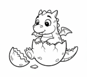 Mały smok wykluwający się z jajka, kolorowanka dla dzieci, czarne kontury, białe tło, do druku.