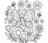 Wesoły motyl fruwający wokół wiosennych kwiatów, kolorowanka dla dzieci, czarne kontury, białe tło.