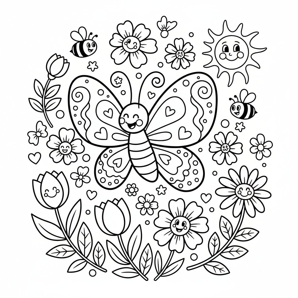 Wesoły motyl fruwający wokół wiosennych kwiatów, kolorowanka dla dzieci, czarne kontury, białe tło.