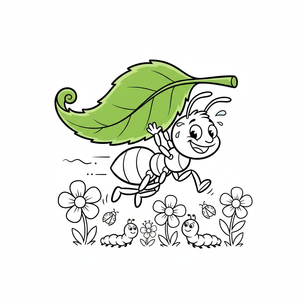 Zajęta mrówka niosąca kawałek liścia w wiosennym ogrodzie, kolorowanka dla dzieci, czarne kontury, białe tło.