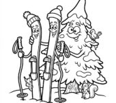 Para nart i kijków opartych o ośnieżone drzewo, kolorowanka dla dzieci, czarne kontury, białe tło.