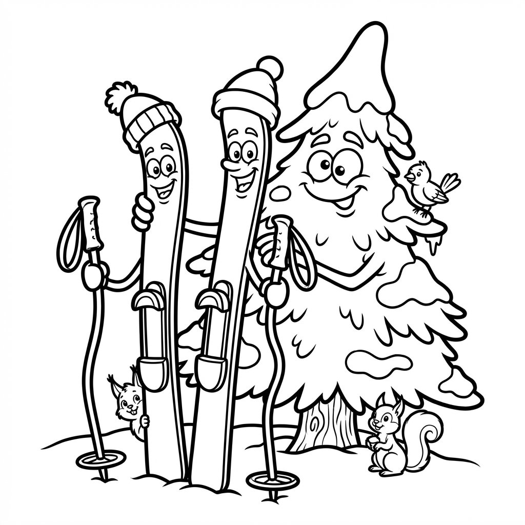 Para nart i kijków opartych o ośnieżone drzewo, kolorowanka dla dzieci, czarne kontury, białe tło.