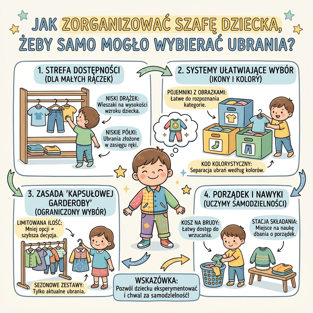 Infografika dla rodziców: Jak zorganizować szafę dziecka, by ułatwić mu samodzielne wybieranie ubrań i naukę ubiera...