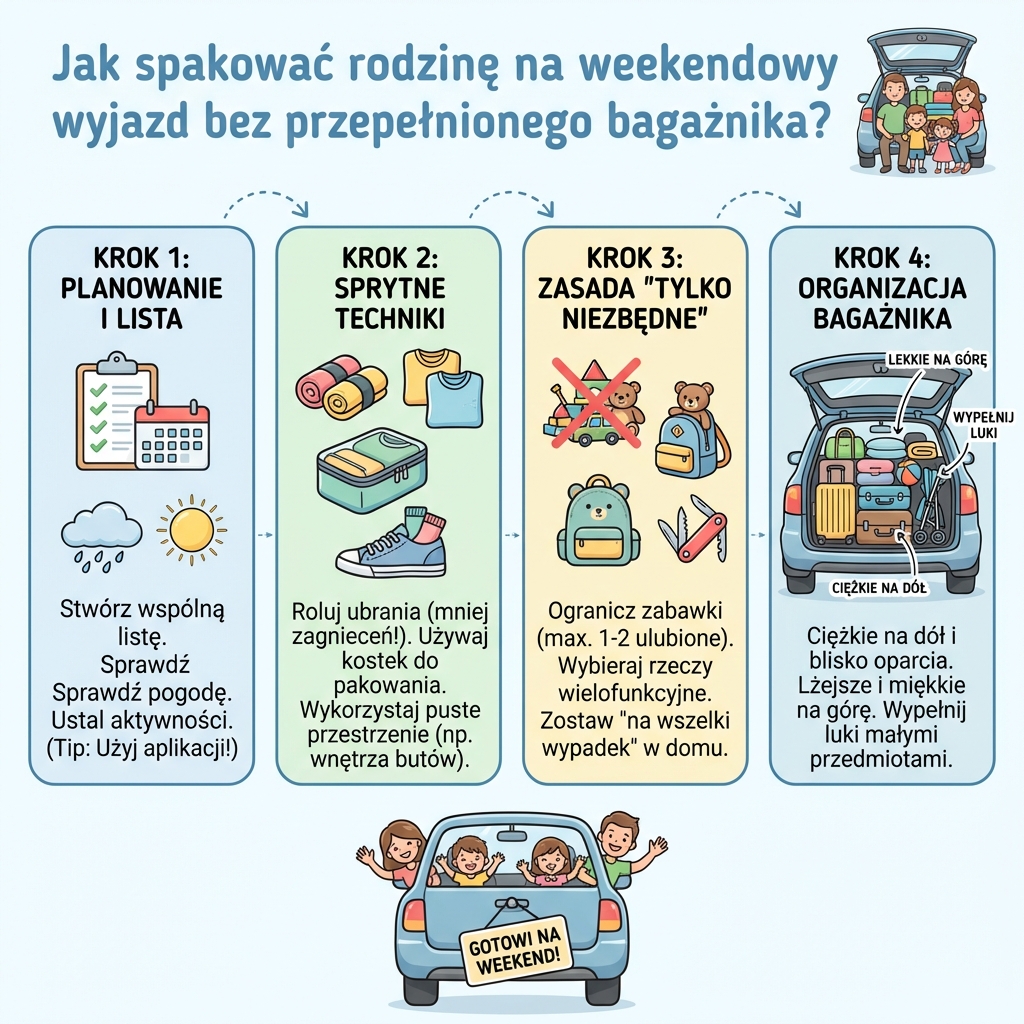 Infografika dla rodziców: Jak spakować rodzinę na weekend i uniknąć przepełnionego bagażnika. Sprytne triki i lista...