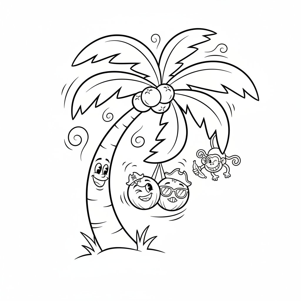 Palma kokosowa kołysząca się w tropikalnej bryzie, z kokosami, kolorowanka dla dzieci, czarne kontury, białe tło.