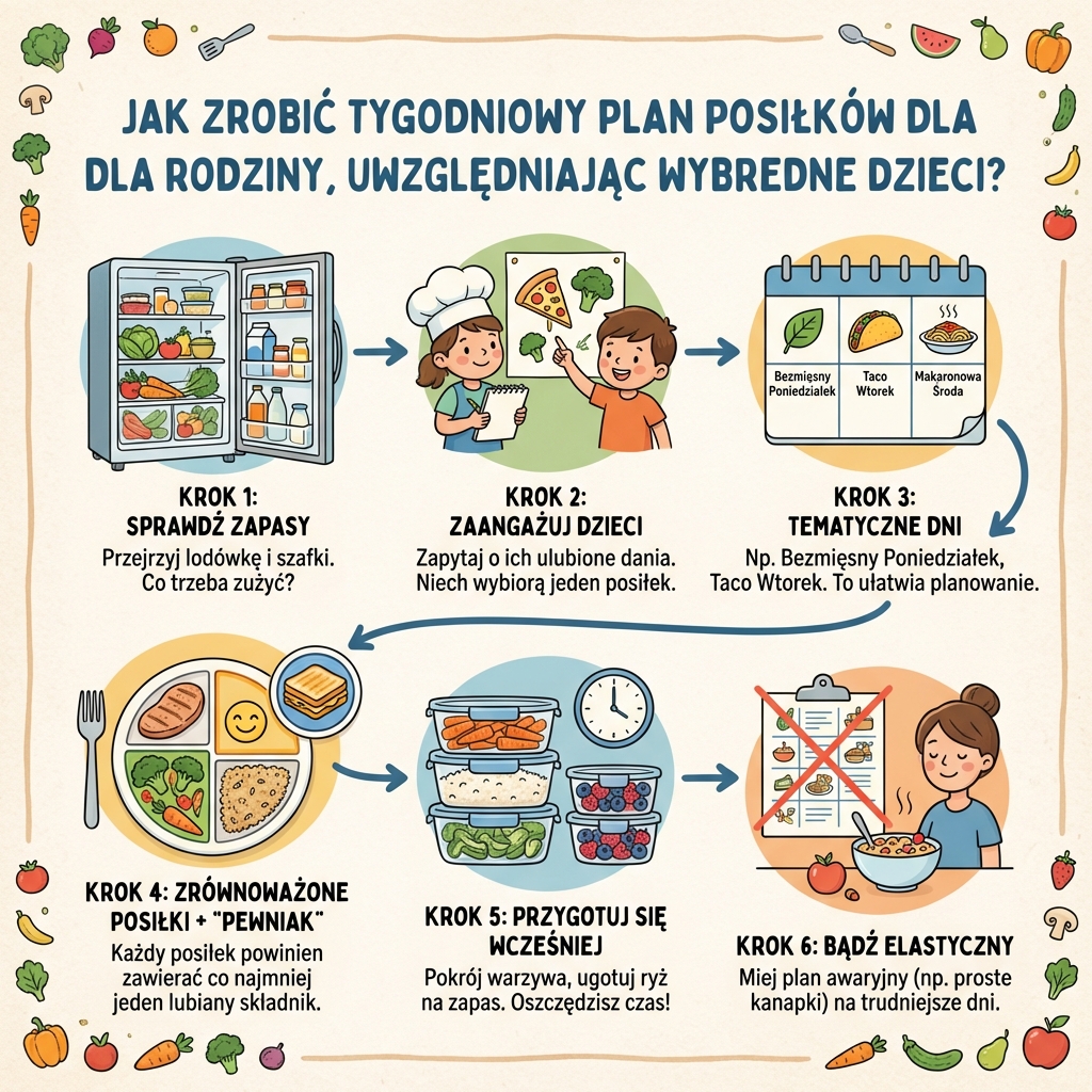 Infografika dla rodziców: jak stworzyć tygodniowy jadłospis dla rodziny i dzieci niejadków. Praktyczny plan posiłków...