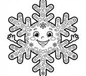 Wesoły płatek śniegu o misternych wzorach, kolorowanka dla dzieci, czarne kontury, białe tło.