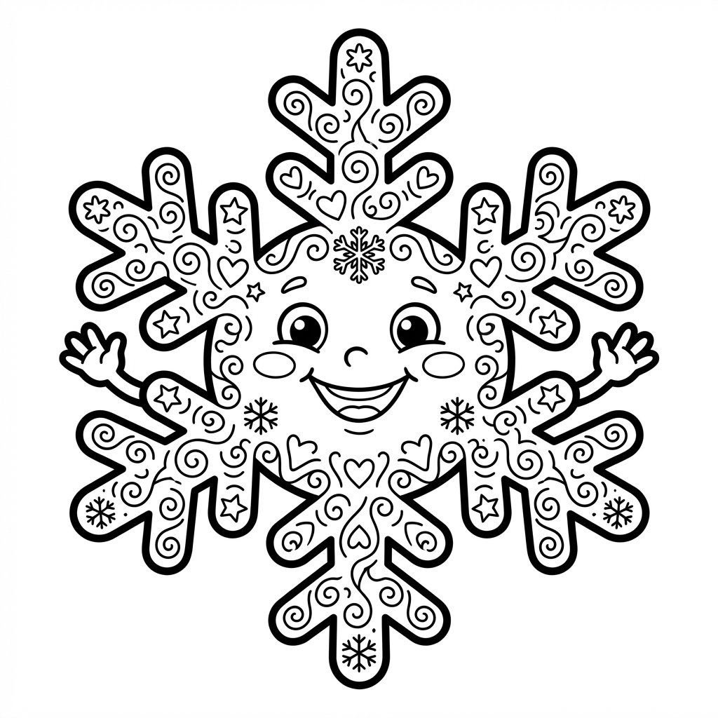Wesoły płatek śniegu o misternych wzorach, kolorowanka dla dzieci, czarne kontury, białe tło.