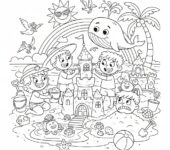 Słoneczna plaża z dziećmi budującymi zamki z piasku, kolorowanka dla dzieci, czarne kontury, białe tło.