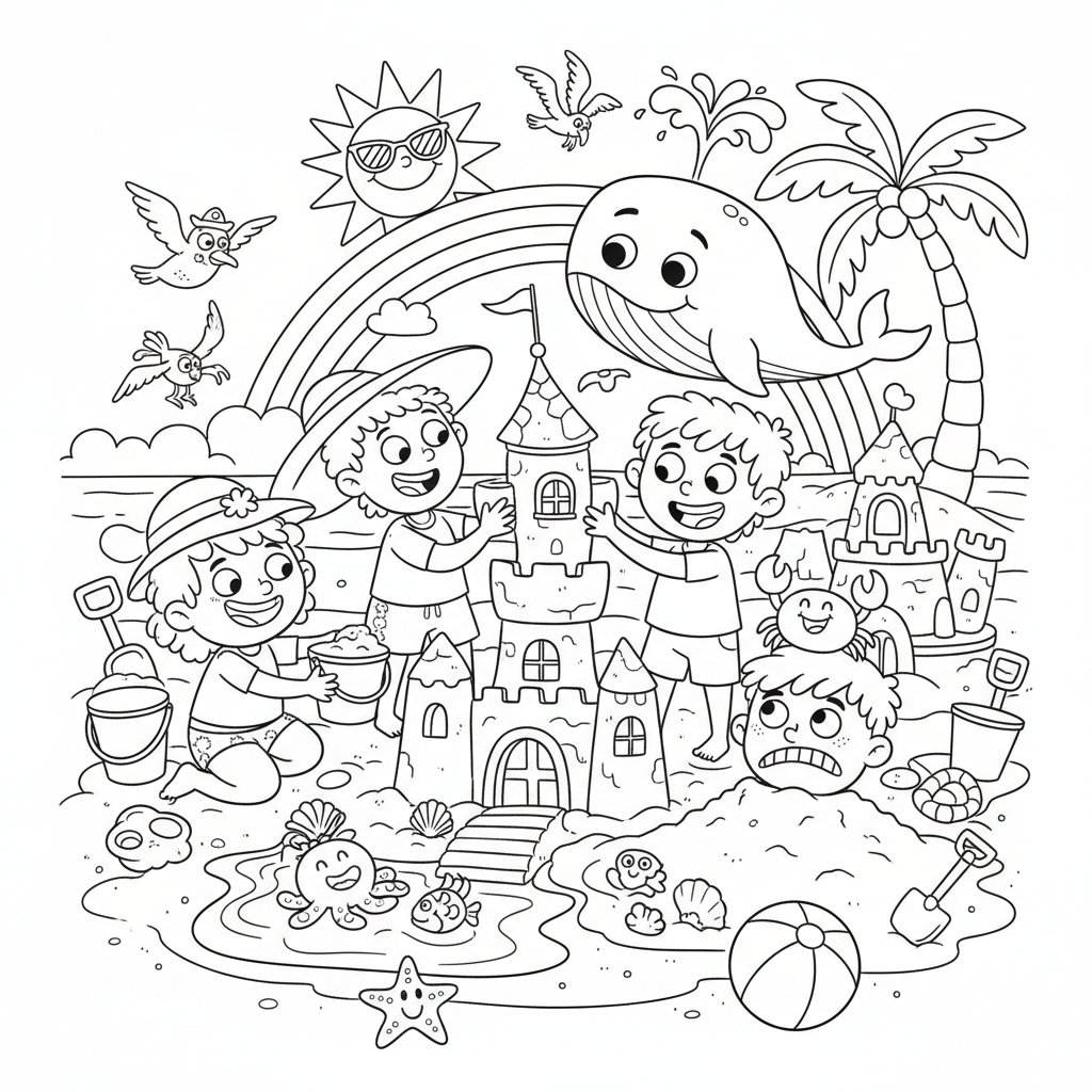 Słoneczna plaża z dziećmi budującymi zamki z piasku, kolorowanka dla dzieci, czarne kontury, białe tło.
