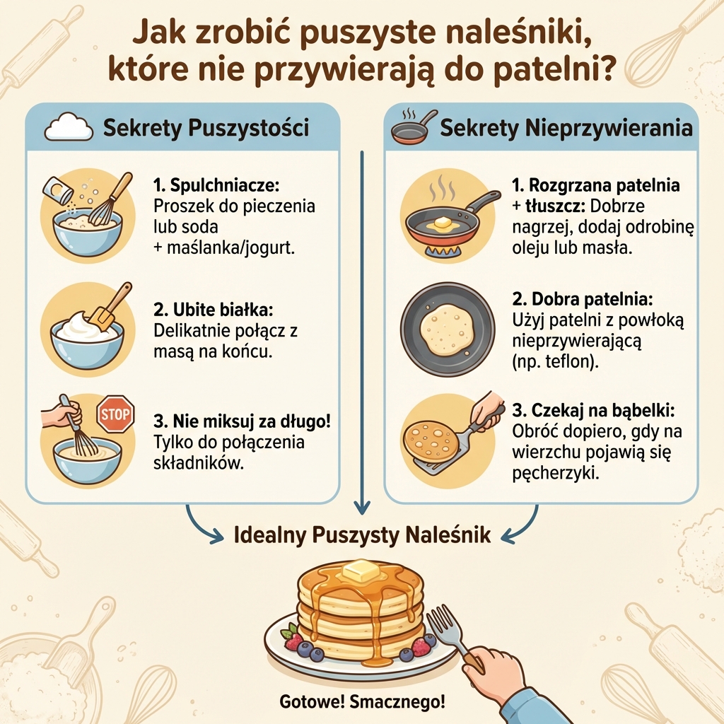 Infografika z przepisem na puszyste naleśniki, które nie przywierają do patelni – praktyczne porady dla rodziców kro...