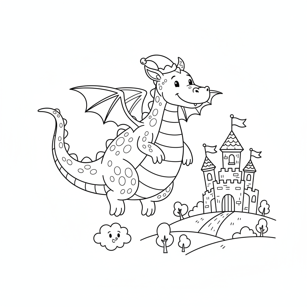 Przyjazny smok lecący nad zamkiem, kolorowanka dla dzieci, czarne kontury, białe tło, do druku.