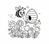 Szczęśliwa pszczoła lecąca w stronę ula otoczonego kwiatami, kolorowanka dla dzieci, czarne kontury, białe tło.