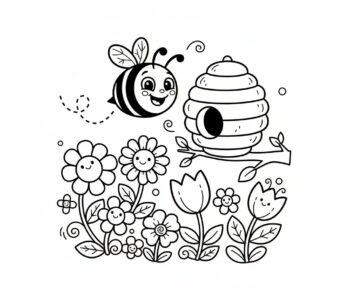 Szczęśliwa pszczoła lecąca w stronę ula otoczonego kwiatami, kolorowanka dla dzieci, czarne kontury, białe tło.