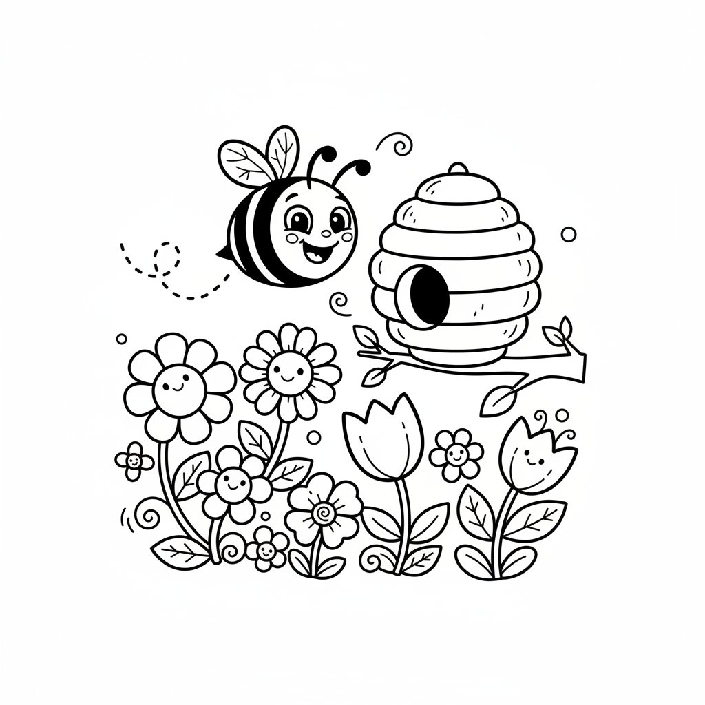 Szczęśliwa pszczoła lecąca w stronę ula otoczonego kwiatami, kolorowanka dla dzieci, czarne kontury, białe tło.