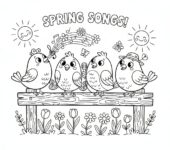 Grupa kolorowych ptaków siedzących na płocie, śpiewających wiosenne piosenki, kolorowanka dla dzieci, czarne kontury,...