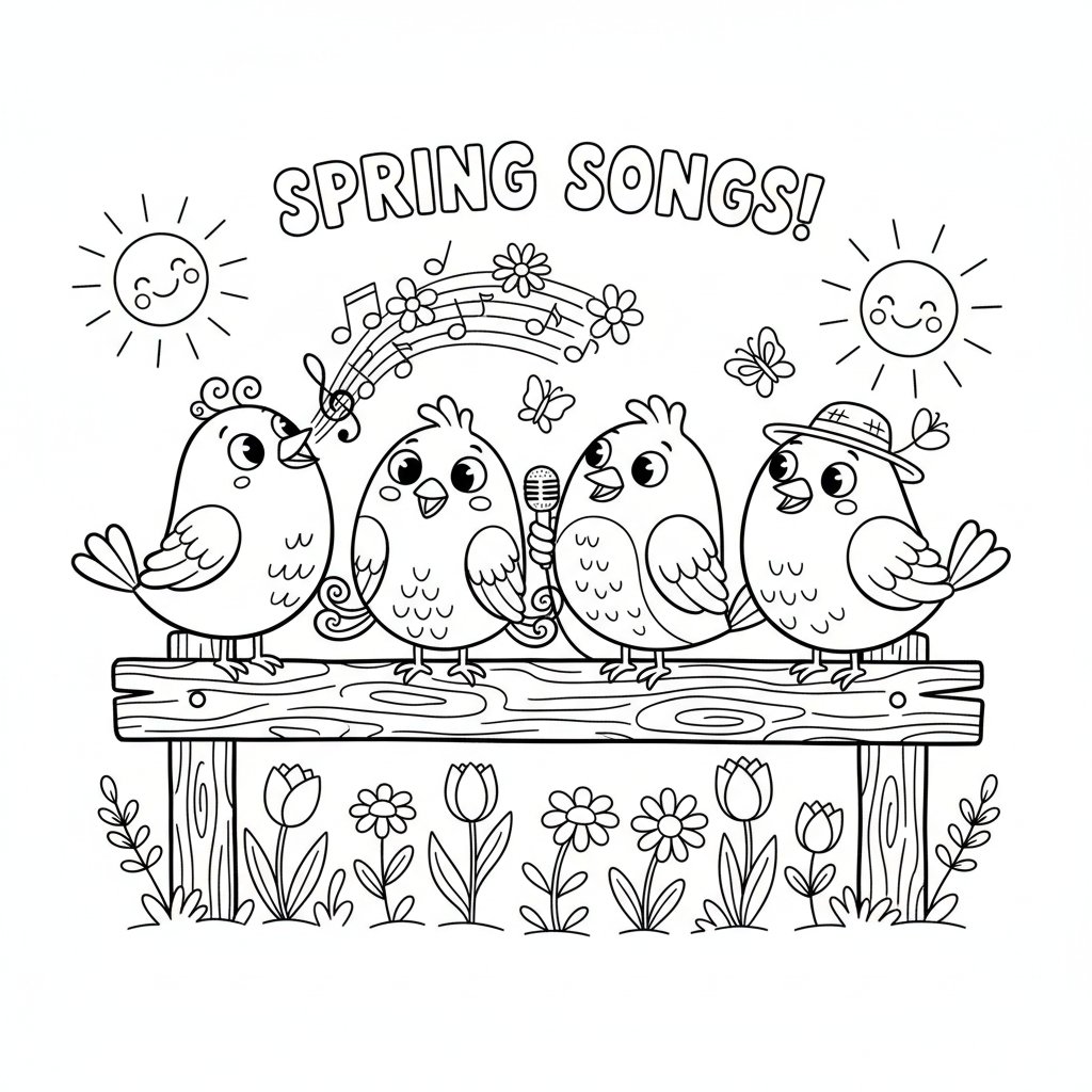 Grupa kolorowych ptaków siedzących na płocie, śpiewających wiosenne piosenki, kolorowanka dla dzieci, czarne kontury,...