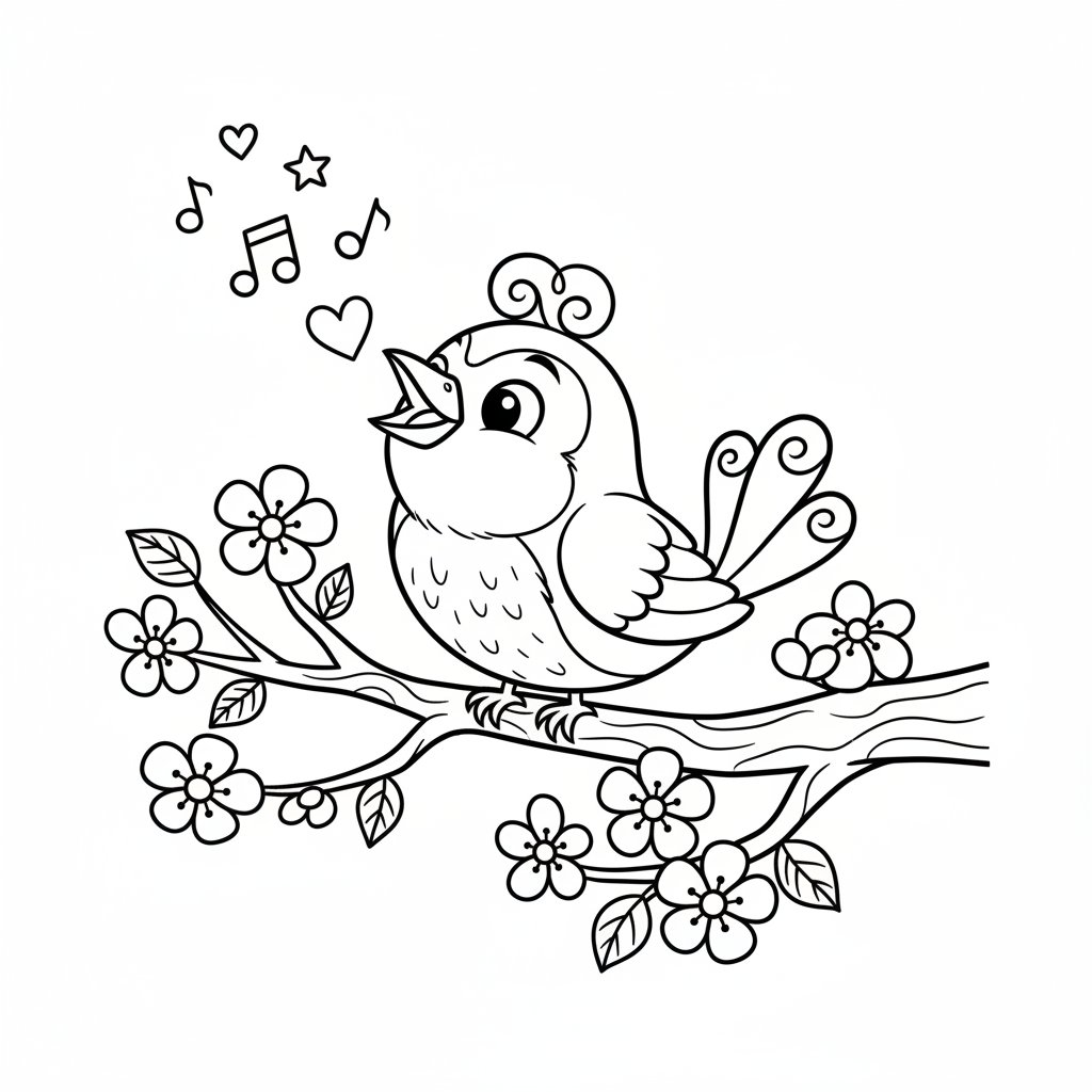 Mały ptaszek śpiewający na gałęzi kwitnącej wiśni, kolorowanka dla dzieci, czarne kontury, białe tło.