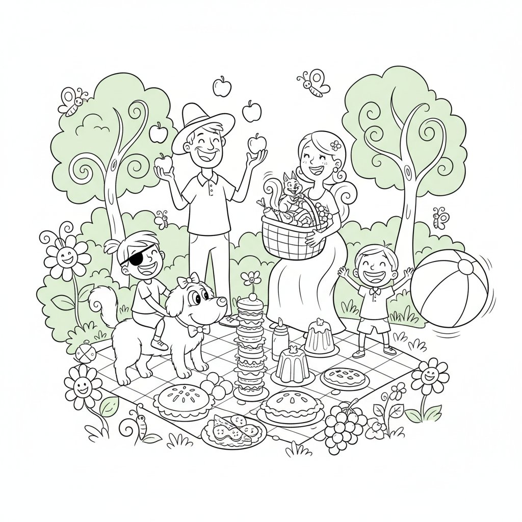 Rodzina na pikniku w zielonym parku, z koszykiem pełnym smakołyków, kolorowanka dla dzieci, czarne kontury, białe tło.