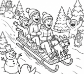 Szczęśliwa rodzina zjeżdżająca na sankach z ośnieżonej górki, kolorowanka dla dzieci, czarne kontury, białe tło.