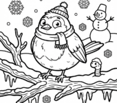 Rudzik siedzący na ośnieżonej gałęzi, kolorowanka dla dzieci, czarne kontury, białe tło.