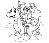 Rycerz jadący na łagodnym smoku, kolorowanka dla dzieci, czarne kontury, białe tło, do druku.