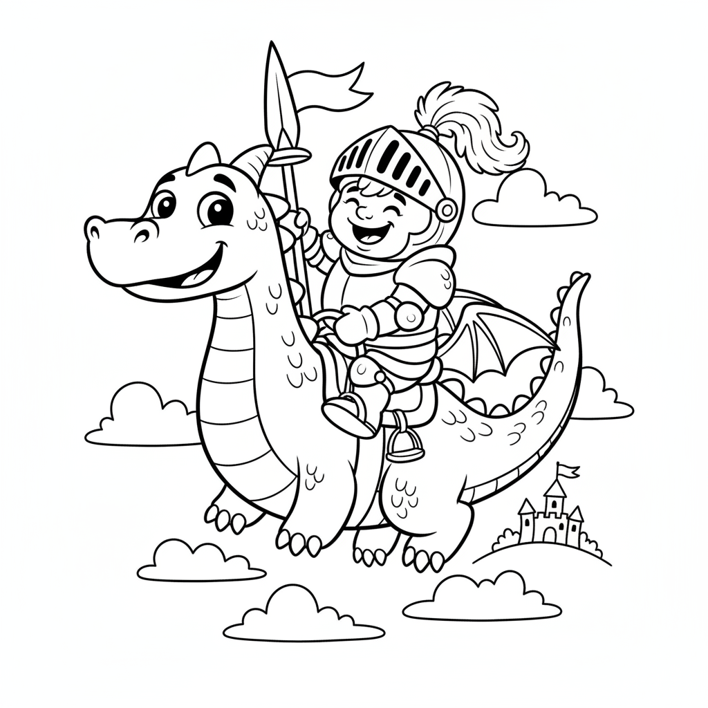 Rycerz jadący na łagodnym smoku, kolorowanka dla dzieci, czarne kontury, białe tło, do druku.